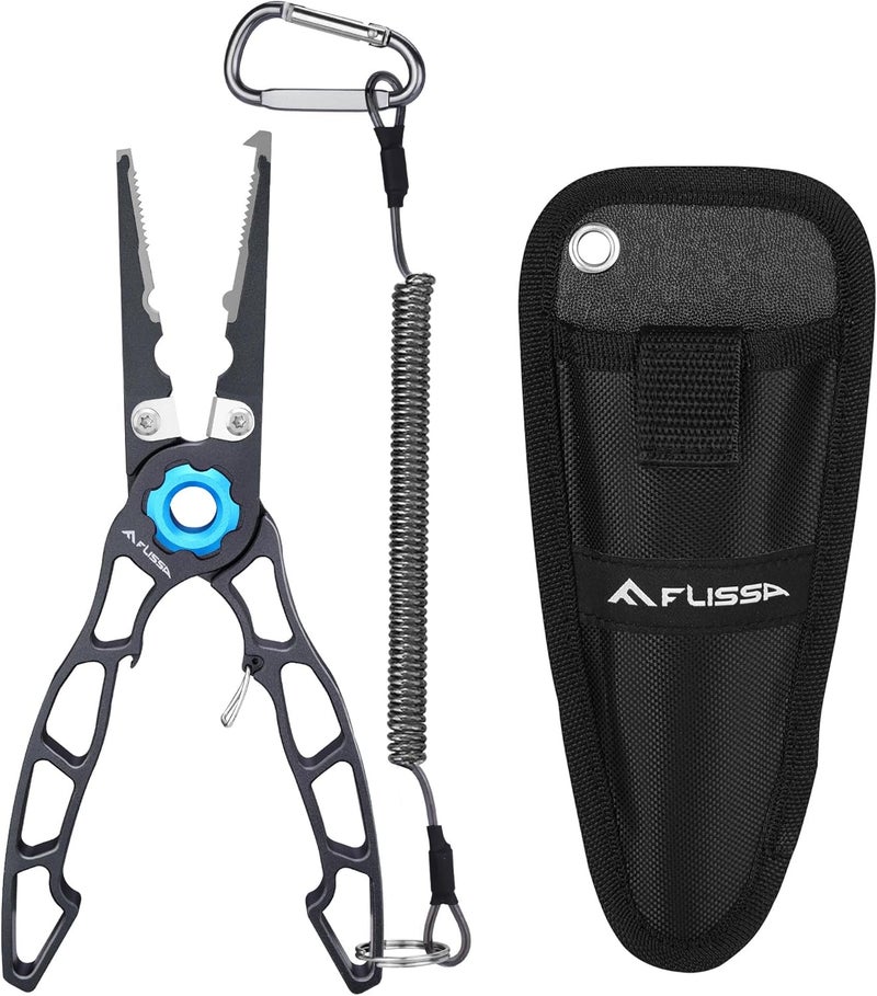 FLISSA 7.5 Inch Lightweight Fishing Pliers, Titanium 6Al-4V Jaw and Tungsten Carbide Line Cutters, Safety Lock Fish Pliers with Aluminum Handle, Sheath & Lanyard, Fishing Gear Gifts for Men - Image 1
